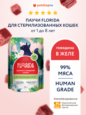 Холистики FLORIDA паучи Для стерилизованных кошек: кусочки с говядиной в желе, 1 шт. Влажный корм (85 г)