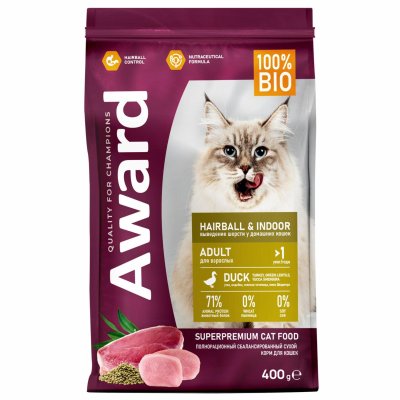 Сухие корма AWARD Сухой корм для взрослых кошек для выведения шерсти с уткой и индейкой, Hairball & Indoor (400 г)