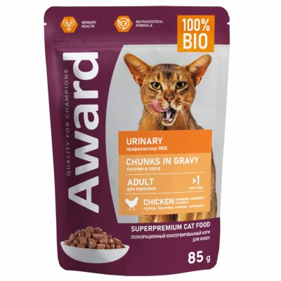 Консервы, паучи AWARD Паучи для профилактики мочекаменной болезни у взрослых кошек кусочки в соусе с курицей, 24 шт (24 шт)