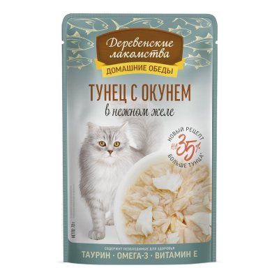 Корм для кошек ДЕРЕВЕНСКИЕ ЛАКОМСТВА Тунец с окунем в нежном желе пауч 70г