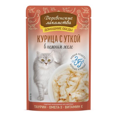 Корм для кошек ДЕРЕВЕНСКИЕ ЛАКОМСТВА Курица с уткой в нежном желе пауч 70г