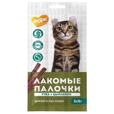 Лакомство для кошек МНЯМС лакомые палочки из цыпленка и утки 3х5г