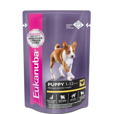 Eukanuba Puppy all breed Влажный корм (пауч) для щенков всех пород, с курицей в соусе, 85 гр.