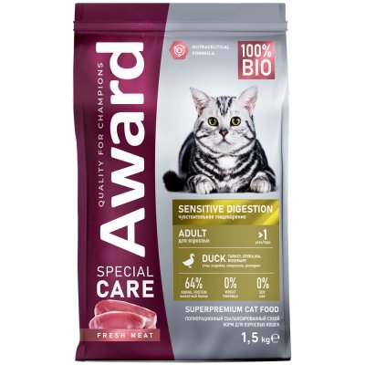 Корм для кошек AWARD Special Care при чувствительном пищеварении, свежее мясо утки сух. 1,5кг