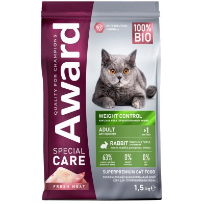 Корм для кошек AWARD Special Care для стерилиз. для контроля веса, свежее мясо кролика сух. 1,5кг