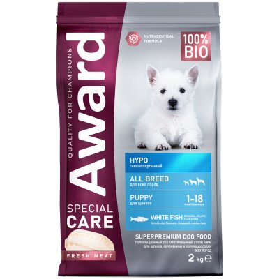 Корм для щенков от 1 мес., берем.и корм.собак AWARD Special Care для скл.к алл., св.бел.рыба сух.2кг