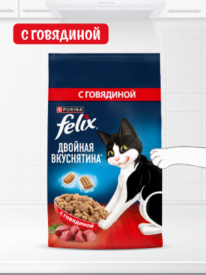 Сухие корма Felix Сухой корм Двойная Вкуснятина для взрослых кошек, с мясом (600 г)