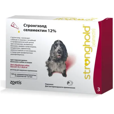 Zoetis Стронгхолд капли на холку для собак весом от 10 до 20 кг от блох, клещей и гельминтов, 3 пипетки по 1 мл