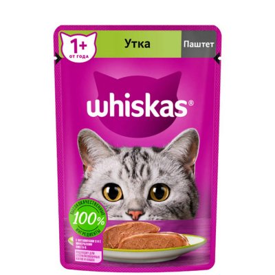 Whiskas Влажный корм (пауч) для кошек, паштет с уткой, 75 гр.
