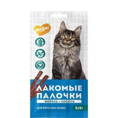 Мнямс Лакомство Палочки из форели и лосося для взрослых кошек, 3х5 гр.