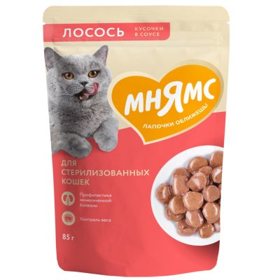 Корм для кошек МНЯМС для стерилизованных, кусочки в соусе с лососем пауч 85г