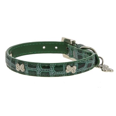 Ошейник для собак КАСКАД "Колибри" змеиная кожа с укр."Косточка" со страз.и кулоном 20ммх45см зелен.