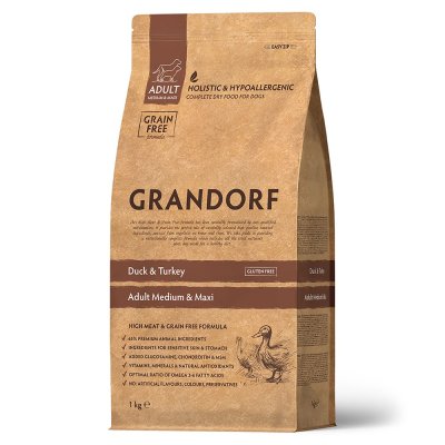 Корм для собак GRANDORF для средних и крупных пород, утка с индейкой сух. 1кг