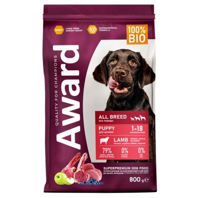 Корм для щенков от 1 мес.,берем.и корм.собак AWARD ягненок с индейкой с доб.яблока и черн. сух.800г