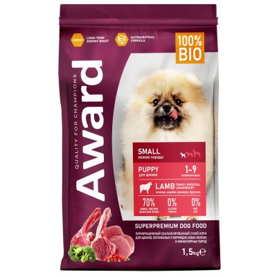 Корм для щенков от 1мес,берем.и корм.собак AWARD мелк.и мин.пор., ягн.с инд.,брокк.и брусн.сух.1,5кг