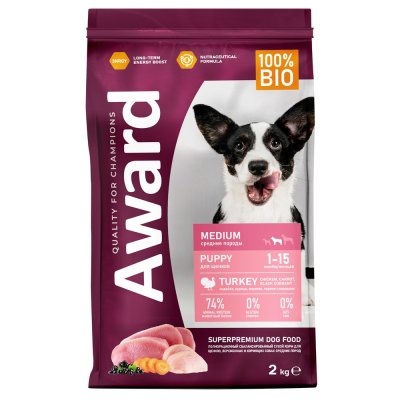 Корм для щенков от 1мес,берем.и корм.собак AWARD ср.пород, инд.с курицей, морк. и черн.смор. сух.2кг