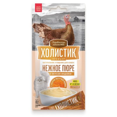 Лакомство для кошек ДЕРЕВЕНСКИЕ ЛАКОМСТВА Премьер нежное пюре со вкус.индей.с икрой летуч.рыбы 4х10г