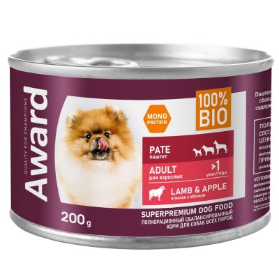 Корм для собак AWARD паштет из ягненка с яблоком банка 200г