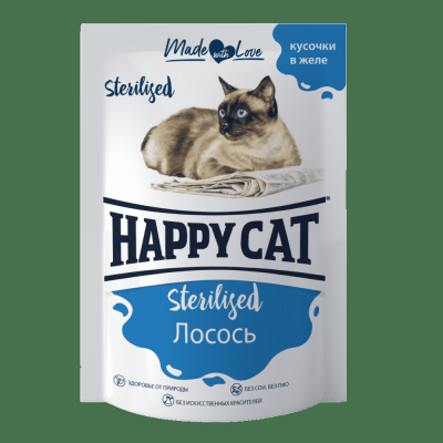 Корм для кошек HAPPY CAT Sterilised лосось кусочки в желе пауч 85г
