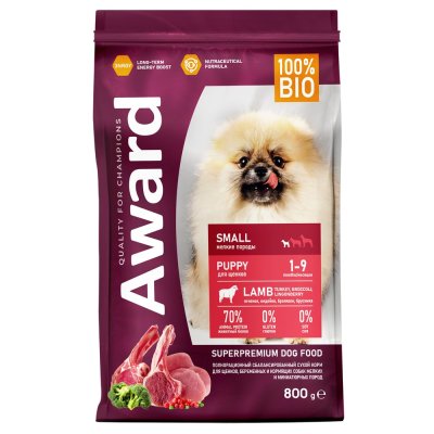 Корм для щенков от 1мес,берем.и корм.собак AWARD мелк.и мин.пор., ягн.с инд., брокк.и брусн.сух.800г