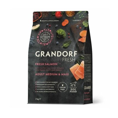 Беззерновой корм с живыми пробиотиками для собак GRANDORF FRESH Dog Med&Maxi для ср.и кр.пород, свежее филе лосося с бататом сух. 3кг
