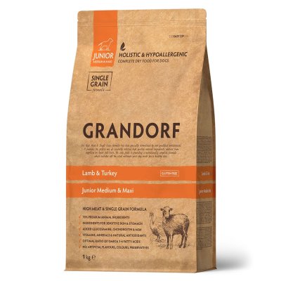Корм для молодых собак GRANDORF для средних и крупных пород, ягненок с индейкой сух. 1кг