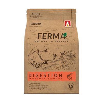 Корм для собак Зоогурман Ferma Digestion для мелк.и средних пород, белая рыба с картофелем сух.1,5кг