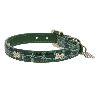 Ошейник для собак КАСКАД "Колибри" змеиная кожа с укр."Косточка" со страз.и кулоном 15ммх35см зелен.