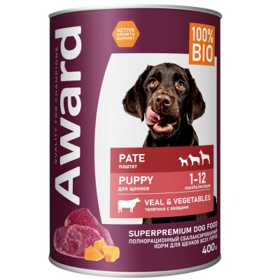 Корм для щенков AWARD от 1 месяца, паштет из телятины с овощами банка 400г