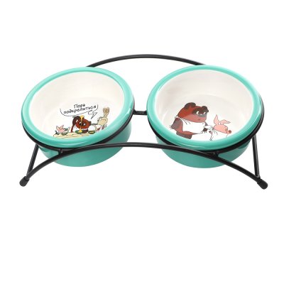 Triol Миска керамическая двойная на подставке для кошек и собак Пора подкрепиться Союзмультфильм, 2х250 мл, зеленый