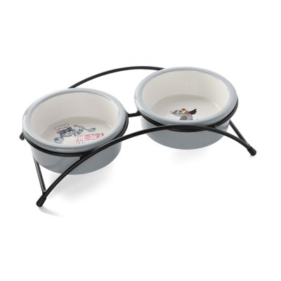 Triol Миска керамическая двойная на подставке для кошек и собак Матроскин и Галчонок, 2х250 мл, серый