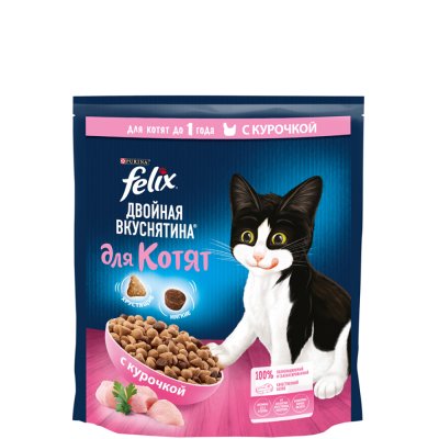 Felix Сухой корм для котят до 1 года Двойная вкуснятина, с курочкой, 600 гр.