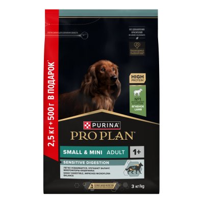 Корм для собак Pro Plan для мелких и карликовых пород с чувствит.пищеварением ягненок сух.2,5кг+500г
