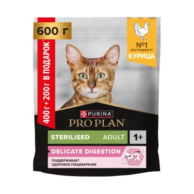 Корм для кошек Pro Plan Sterilised Delicate Digestion для стер.с чув.пищ.,курица сух.400г+200г ПРОМО
