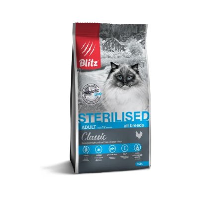 Корм для кошек Blitz для стерилизованных, курица сух. 400г