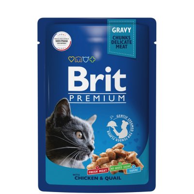 Brit Premium Влажный корм (пауч) для взрослых кошек, с цыпленком и перепелкой в соусе, 85 гр.