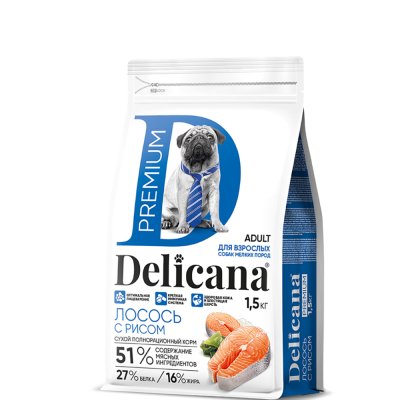 DELICANA Premium Сухой корм для собак мелких пород, лосось с рисом, 1.5 кг
