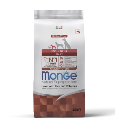 Monge Mini Adult Monoprotein Сухой корм для взрослых собак мелких пород, с ягненком, рисом и картофелем, 2,5 кг