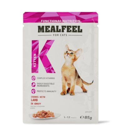 Mealfeel Kitten Влажный корм (пауч) для котят, кусочки с ягненком в соусе, 85 гр.
