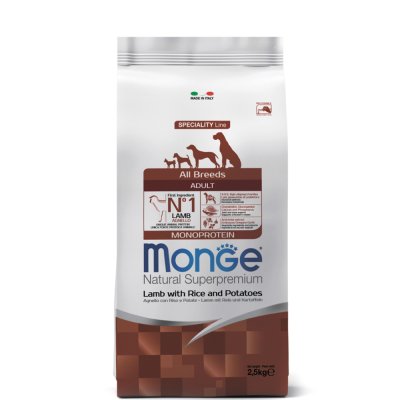 Monge All Breeds Adult Monoprotein Сухой корм для взрослых собак всех пород, с ягненком, рисом и картофелем, 2,5 кг