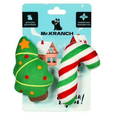 Набор игрушек для кошек Mr.Kranch Ёлочка и леденец новогодние плюшевые с кошачьей мятой 2шт х 9см