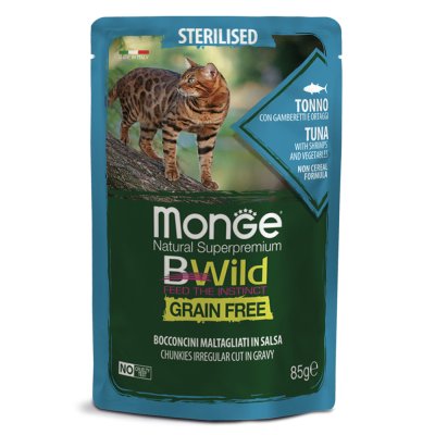 Корм для кошек Monge BWild Grain Free для стерилизованных, тунец с креветками и овощами пауч 85г