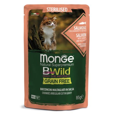 Корм для кошек Monge BWild Grain Free для стерилизованных, лосось с креветками и овощами пауч 85г