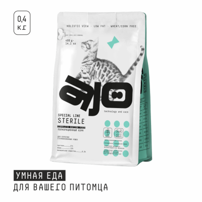 Сухие корма AJO Полнорационный сухой корм для активных стерилизованных кошек с высоким содержанием белка (400 г)