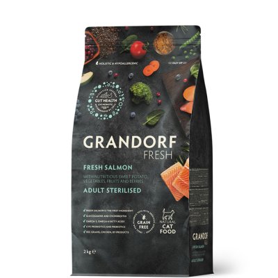 Grandorf Fresh Adult Sterilised Сухой корм для стерилизованных кошек и кастрированных котов, с лососем и бататом, 2 кг