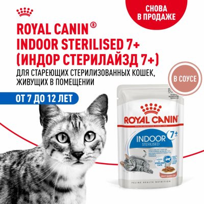 Консервы, паучи Royal Canin паучи Паучи для домашних кошек 7-12 лет, кусочки в соусе, Indoor Sterilised 7+ (28 шт)