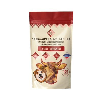 Лакомство для собак ВАРЯГ Уши говяжьи 100г