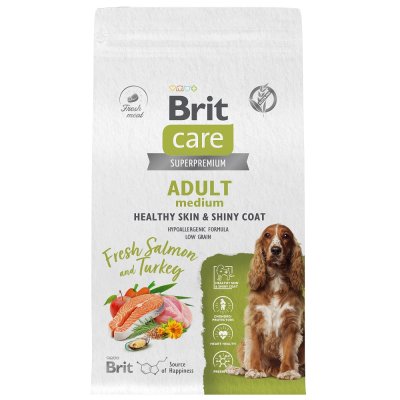 Корм для собак Brit Care Healthy Skin & Shiny Coat для средних пород, лосось с индейкой сух. 1,5кг