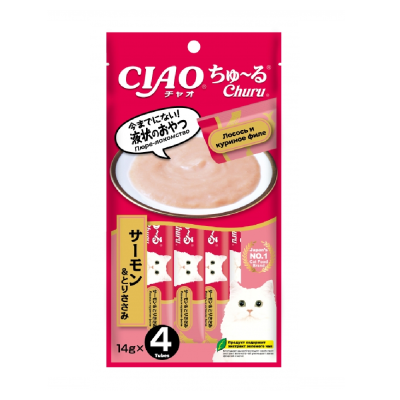 Лакомство для кошек INABA Ciao Churu Лосось с куриным филе, пюре 14гх4шт