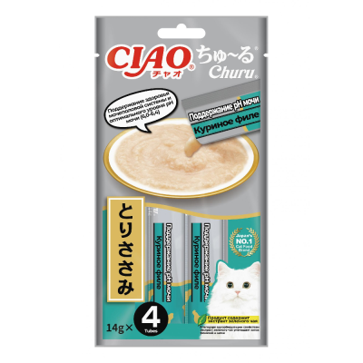 Лакомство для кошек INABA Ciao Churu Поддержание Ph мочи, Куриное филе пюре 14гх4шт